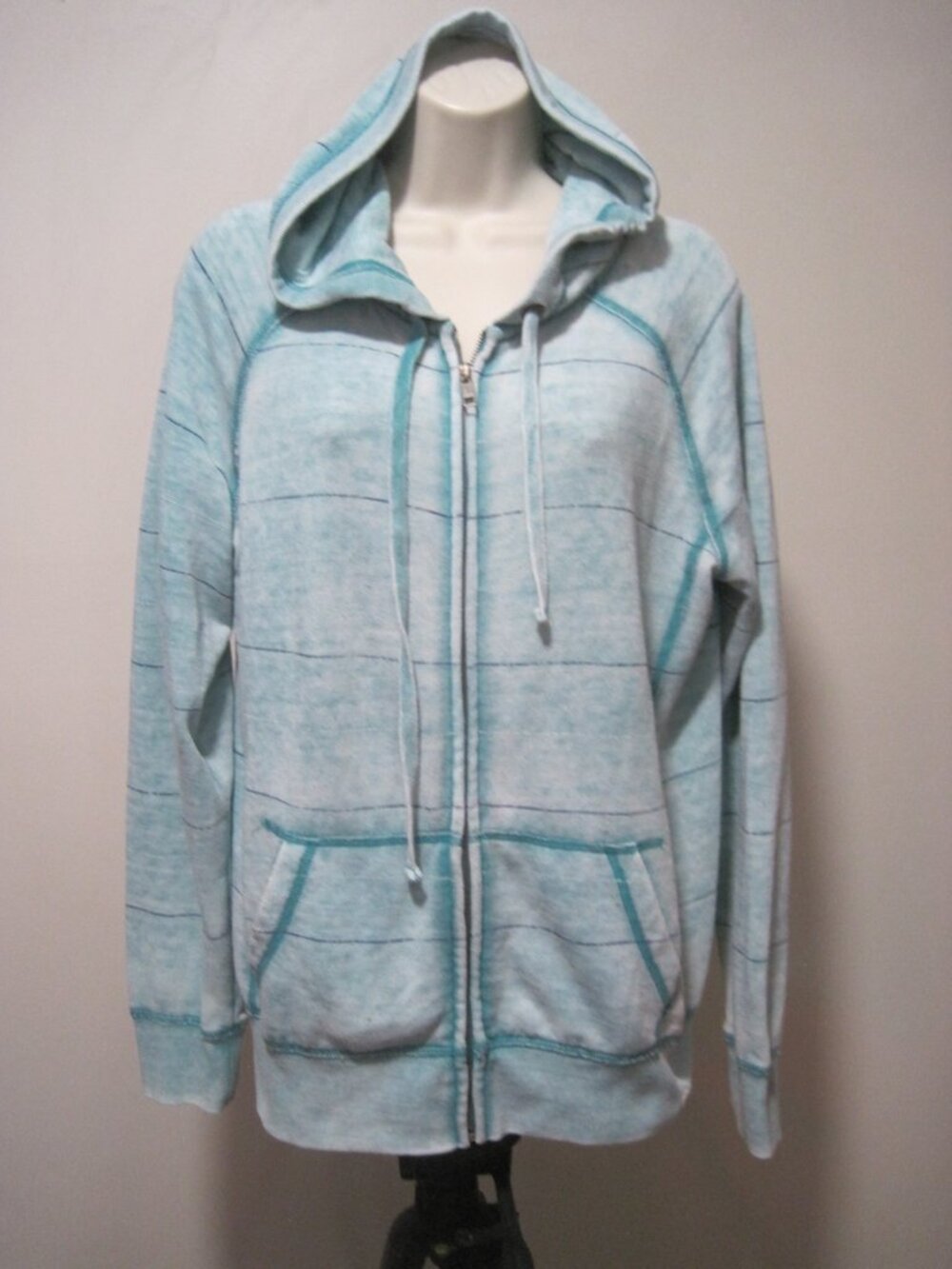 Vintage Nollie Women's Large Zip Up Hooded Striped Faded Turquoise Teal Jacket